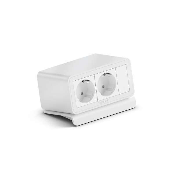 mediahub2 - 5 -Slot, freistehend, On-Table Design - weißes Gehäuse und mattweiße Module. 2 Steckdosen + 1 Leerplatz. Buchse - DE. Stecker - Wieland GST18