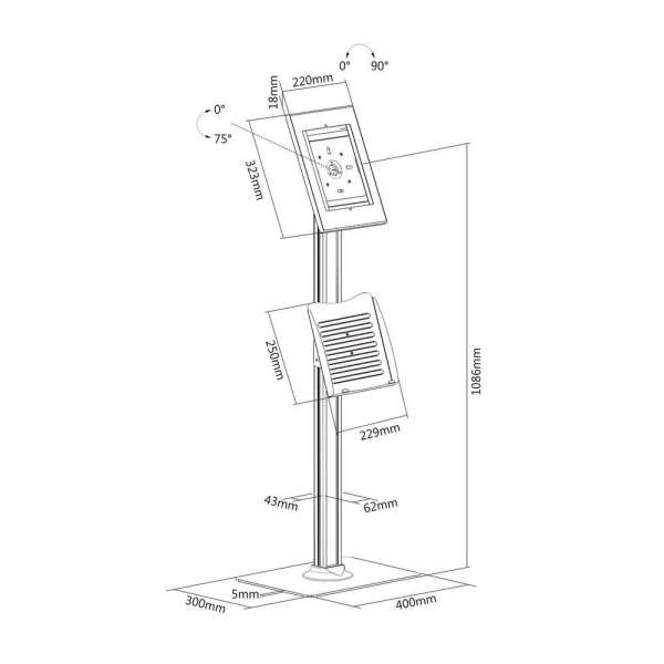 PureMounts® Tablet Standfuß mit höhenverstellbarem Prospekthalter - iPad/Samsung Galaxy - Weiß