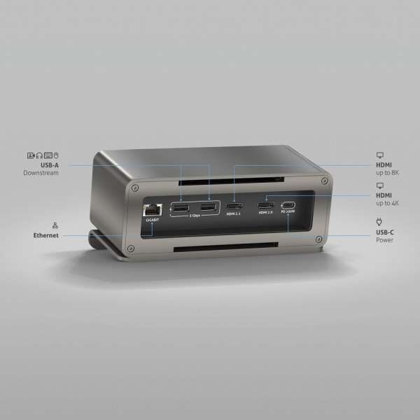 mediahub2 - USB-C Docking Station, freistehend, Tischmodell - space grey Gehäuse und matt-schwarze Module.