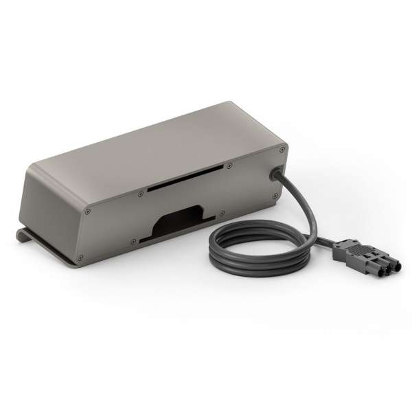 mediahub2 - 10 -Slot, freistehend, On-Table Design - space-grey Gehäuse und mattschwarze Module. 2 Steckdosen + 6 Leerplätze. Buchse - DE. Stecker - Wieland GST18