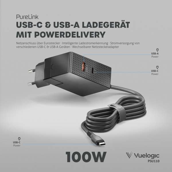 Vuelogic - USB-C & USB-A GaN Ladegerät - 3-Port - 100W PD - schwarz