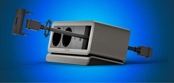 mediahub2 - 5 -Slot, freistehend, On-Table Design - space-grey Gehäuse und mattschwarze Module. 65W PD-Modul + 3 Leerplätze. Buchse - Keine AC-Buchse. Stecker - Wieland GST18