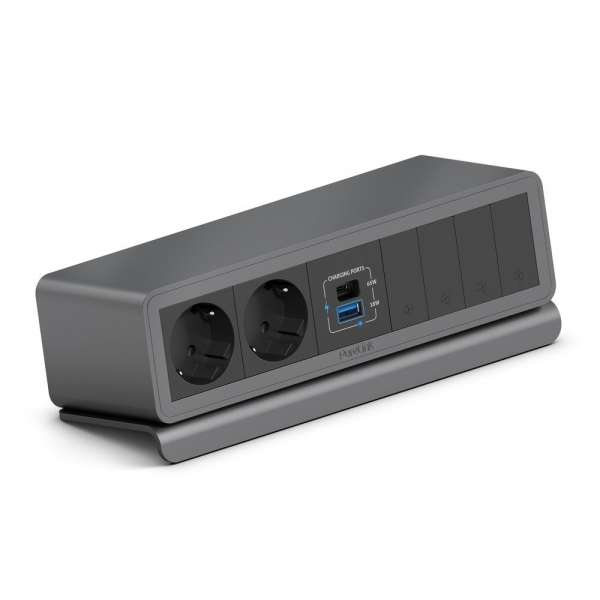 mediahub2 - 10 -Slot, freistehend, On-Table Design - space-grey Gehäuse und mattschwarze Module. 2 Steckdosen + 65W PD-Modul + 4 Leerplätze. Buchse - DE. Stecker - Wieland GST18
