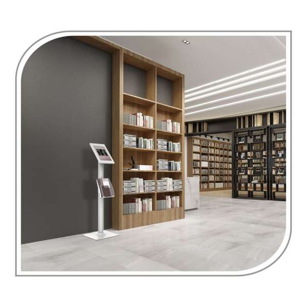 PureMounts® Tablet Standfuß mit höhenverstellbarem Prospekthalter - iPad/Samsung Galaxy - Weiß