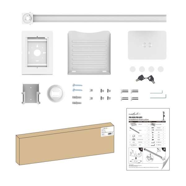 PureMounts® Tablet Standfuß mit höhenverstellbarem Prospekthalter - iPad/Samsung Galaxy - Weiß