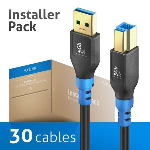 FlexInstall USB-A auf USB-B Kabel USB 3.2 Gen1x1 5Gbps 2.00m - Installer Pack 30 stk.