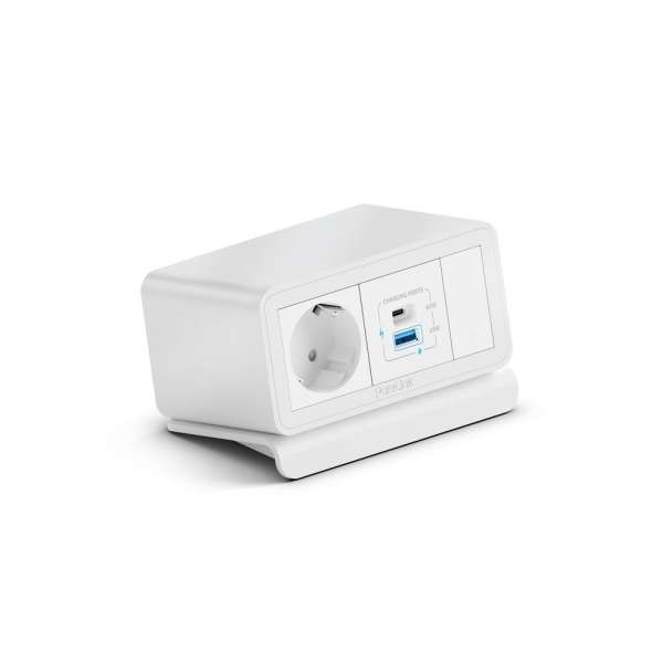 mediahub2 - 5 -Slot, freistehend, On-Table Design - weißes Gehäuse und mattweiße Module. 1 Steckdose + 65W PD-Modul + 1 Leerzeichen. Buchse - DE. Stecker - Wieland GST18