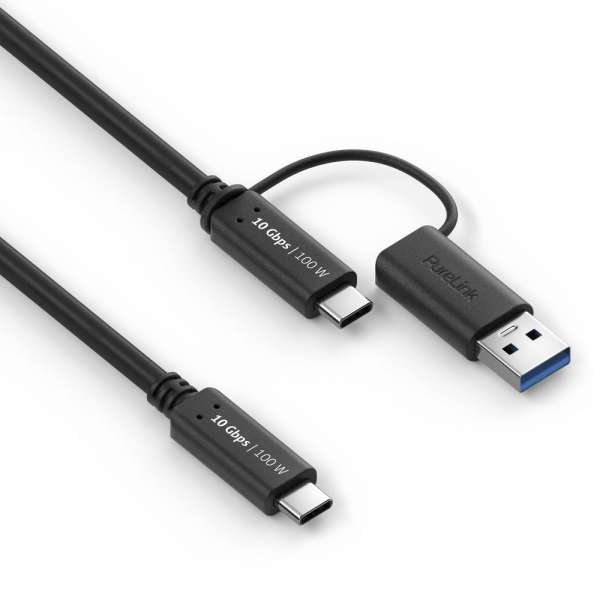 USB-C auf USB-C Kabel mit USB-A Aufsatz - 3.2 Gen 2x1, 5A, 10G, DP Alt Mode - iSerie - schwarz - 1,00m