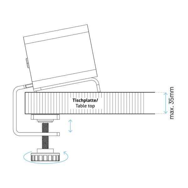 mediahub2 - Tischklemme (schwarz) - Eine sichere Befestigungsmöglichkeit für die freistehende Konfiguration des mediahub2 auf dem Tisch.