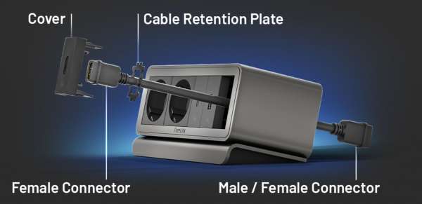 mediahub2 - 10 -Slot, freistehend, On-Table Design - schwarzes Gehäuse und mattschwarze Module. 3 Steckdosen + 65W PD-Modul + 2 Leerplätze. Buchse - DE. Stecker - Wieland GST18