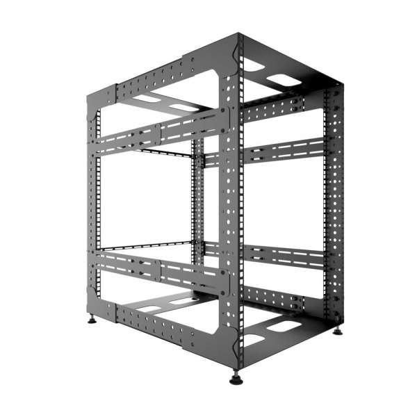 19" Skelett-Rack mit offenem Rahmen und verstellbarer Tiefe 16HE, 100 kg, 492 B x von 500 bis 700 T x 718 H