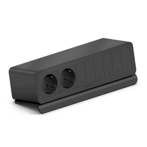 mediahub2 - 10 -Slot, freistehend, On-Table Design - schwarzes Gehäuse und mattschwarze Module. 2 Steckdosen + 6 Leerplätze. Buchse - DE. Stecker - Wieland GST18