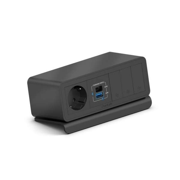 mediahub2 - 7 -Slot, freistehend, On-Table Design - schwarzes Gehäuse und mattschwarze Module. 1 Steckdose + 65W PD-Modul + 3 Leerplätze. Buchse - DE. Stecker - Wieland GST18