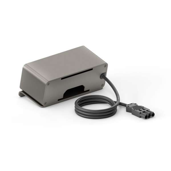 mediahub2 - 7 -Slot, freistehend, On-Table Design - space-grey Gehäuse und mattschwarze Module. 2 Steckdosen + 65W PD-Modul + 1 Leerplatz. Buchse - DE. Stecker - Wieland GST18