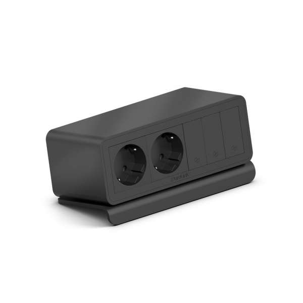 mediahub2 - 7 -Slot, freistehend, On-Table Design - schwarzes Gehäuse und mattschwarze Module. 2 Steckdosen + 3 Leerplätze. Buchse - DE. Stecker - Wieland GST18