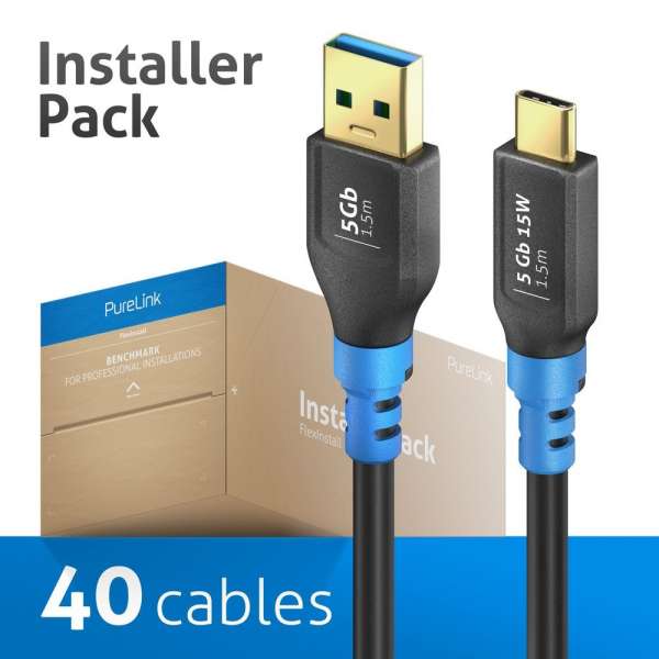 FlexInstall USB-C auf USB-A Kabel USB 3.2 Gen1x1 5Gbps 1.50m - Installer Pack 40 stk.