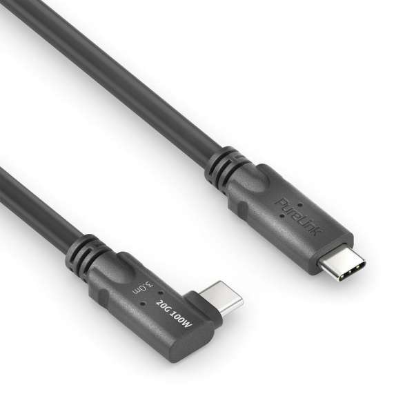 USB-C auf 90° USB-C Kabel (links/rechts) mit E-marker USB4 Gen2x2 20Gbps, 100W - PureInstall 3.00m